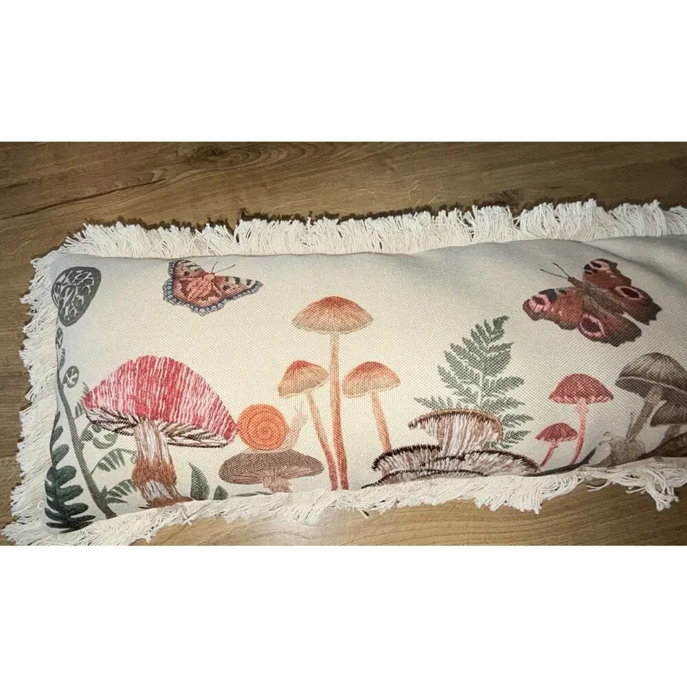 Whimsical Ivory Embroidered Mushroom Butterfly Lumbar Pillow 35x9”